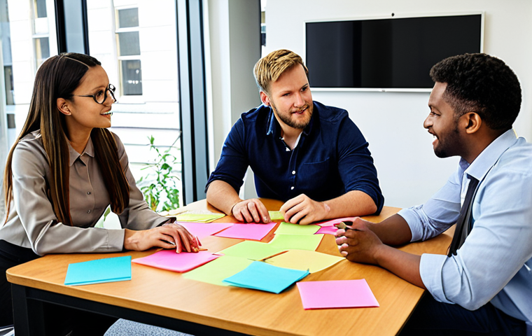 **Image Prompt for Interdepartmental Collaboration:**
"A diverse group of professionals from different departments (marketing, technology) collaborating around a table, sharing ideas and solutions. Visualize a brainstorming session with sticky notes and charts, showcasing teamwork and synergy in a modern office environment."