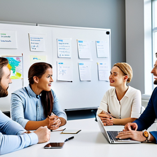 Home 7 조직 문화와 지식 공유의 상관관계 분석 - Open Communication**
A diverse team brainstorming in a modern, brightly lit office. Team members ar...